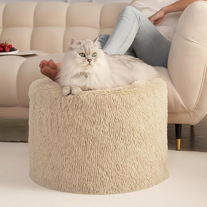 Hansleep Round Stuffed Pouf Ottoman 17 x 14, Foam Filled Faux Fur Ottoman Foot Rest for Chair with Washable Cover, Foot Stools Under Desk for Living Room & Bedroom, Brown