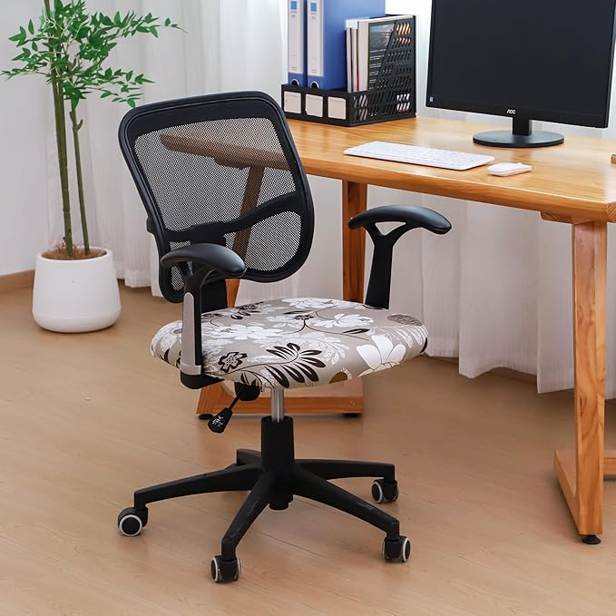 FORCHEER Waterproof Office Chair Seat Cover 20x20 Strechable Beige Floral Computer Desk Chair Seat Slipcover Washable Replacement 1 Piece