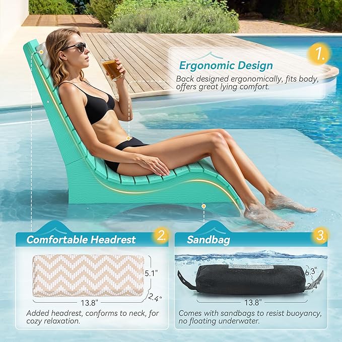 HDPS Pool Lounge Chairs Set of 2, Use in Pools Lounge Chairs up to 10-Inches of Water, Chaise Chairs with Headrest, Lounge Chair Outdoor, Fade-Resistant Pool Lounger for Deck