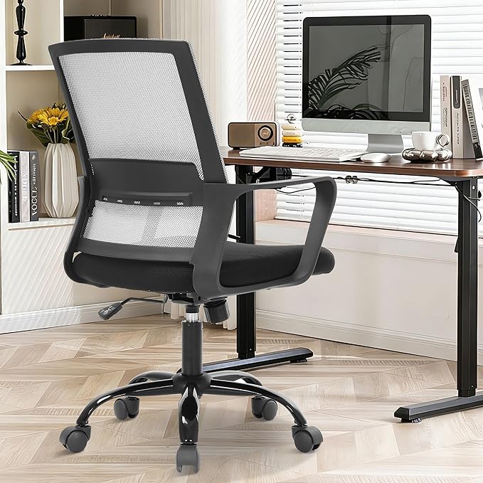 Ergonomic Office Chair, Comfortable Home Desk Chair, Breathable Mesh Back Computer Chair and Lumbar Support, Adjustable Height, Sponge Seat, White