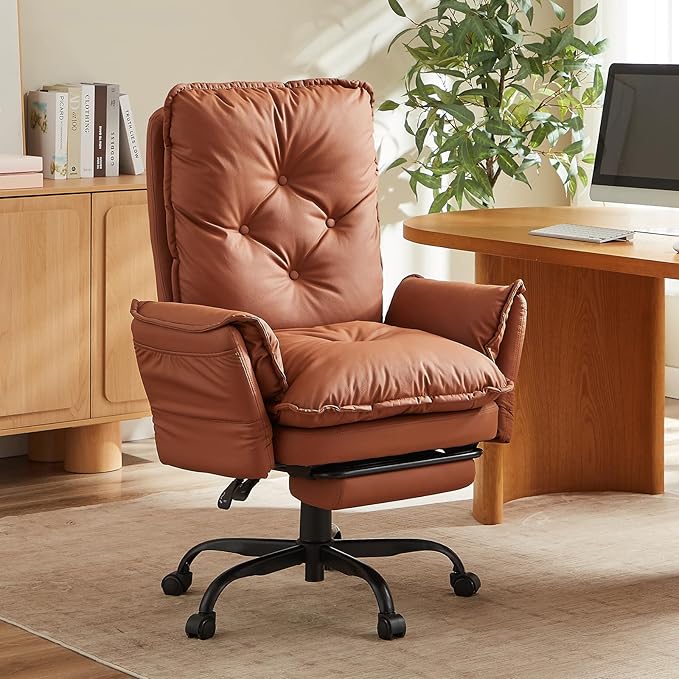 Bestier Cross Legged Office Chair with Footrest, High Back Criss Cross Chair with Reversible Armrests and Wheels, Big and Tall Reclining Office Chair for Home PU Leather Brown