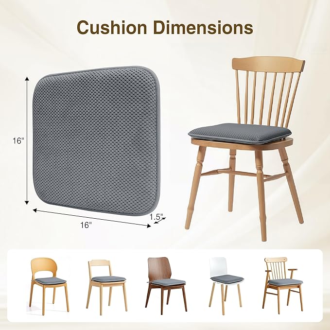 puredown® Chair Cushions for Dining Chairs, Set of 4 Memory Foam Seat Cushions with Non-Slip Backing & Ties, 16" x 16" x 1.5", Comfortable & Supportive Dining Chair Pads for Kitchen, Grey