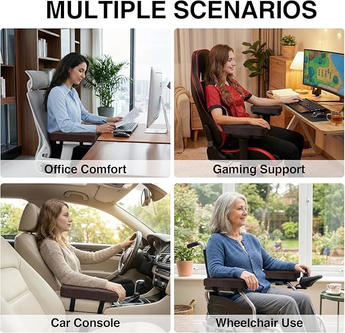 Smiry Ergonomic Office Chair Armrest Pads, Memory Foam Arm Rest Covers, Non-Slip Armrest Cushion with Adjustable Buckles and Straps, Elbow Relief for Desk, Gaming & Wheelchair (Chocolate, Set of 2)
