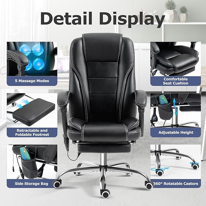 TonghuaS Massage Office Chair with Foot Rest Vibration and Heating, 90-130° Reclining Desk Chair, Ergonomic Reclining Computer Gaming Leather Chair(Black)