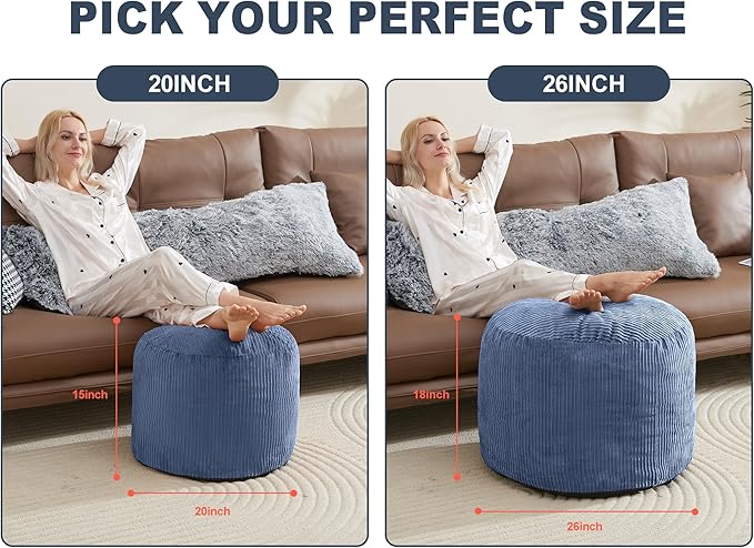 WSOFRLAC Pouf Ottoman Foot Stools with Foam Small Ottoman for Living Room Corduroy Ottomans Pouf 26x18in Foot Rest for Chair Blue Hassocks and Ottomans