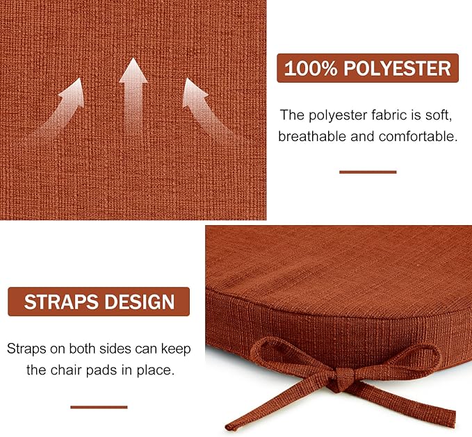 downluxe Indoor Chair Cushions for Dining Chairs, Soft and Comfortable Textured Foam Kitchen Chair Pads with Ties and Non-Slip Backing, 16" x 16" x 2", Orange, 4 Pack