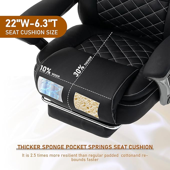 DYHOME 500 lbs Office Chair with Foot Rest, Ergonomic Reclining Big and Tall Office Desk Chair with Lumbar Support & Pocket Spring Cushion, High Back Computer Chair, PU, Thicker Seat Cushion (Black)