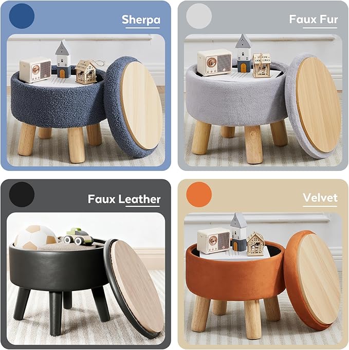 Small Foot Stool Ottoman with Storage, Velvet Ottoman Foot Rest for Couch, Round Footstool with Storage, Small Ottomans and Footstools for Living Room and Entryway (Orange)