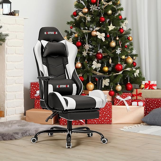 ECOTOUGE PC Massage Gaming Chair with Footrest Ergonomic Office Desk Chair Racing PU Leather Recliner Swivel Rocker with Headrest and Lumbar Pillow,White