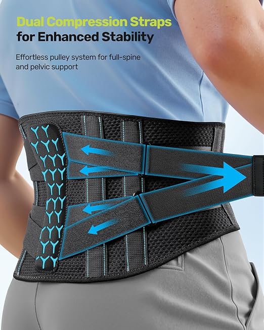 Rakiie Back Brace for Men Lower Back with 7 Stays, Adjustable Knitted Lumbar Support Belt for Pain Relief, Breathable Soft Mesh Design with Lumbar Pad, Ergonomic Back Support Brace for Scoliosis - Size S (Waist: 27.6"-33.5")