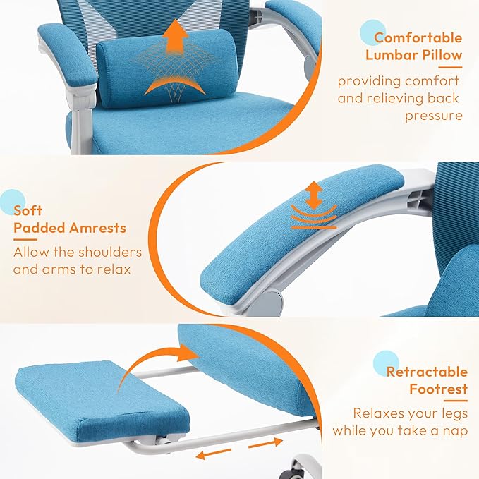 Ergonomic Desk Chair, High Back Office Chair with Wheels and Arms, Computer Chair with Footrest, Swivel Reclining Gaming Chair with Headrest, Comfy Armrest for Home, Office, Work, Study, Blue