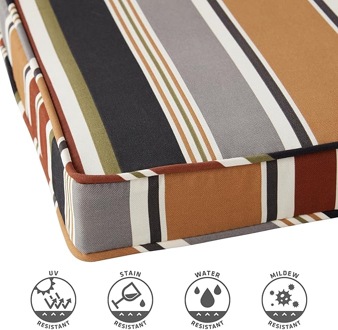 Outdoor 18 inch Square Patio Dining Chair Pads – Comfortable Fiber-Filled Seat Cushions with Ties, Reversible Polyester Fabric - Brick Stripe, Set of 4