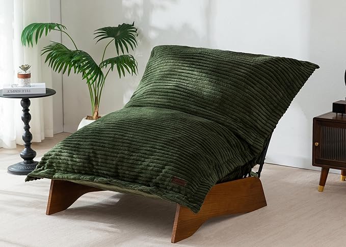 MAXYOYO Adjustable Living Room Chair, Convertible Bean Bag Chair & Recliner with Frame, Removable Cushion Floor Sofa Corded Fabric, Soft Upholstered Lounge for Bedroom, Dorm, Green