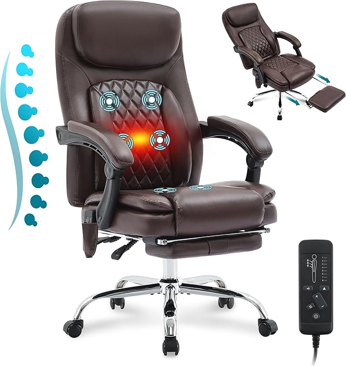 6-Point Massage Office Chair with Heated, Ergonomic Office Chair with Footrest & 45°Reclining High Back, Big and Tall Executive Office Chair 500LBS, Thick Cushion Desk Chair for Home Office, Brown(PU)
