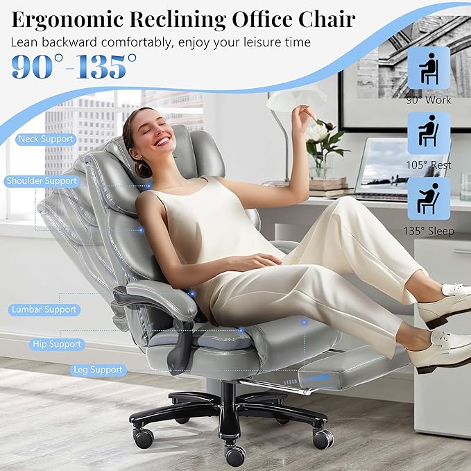 3D Kneading Massage Office Chair, Oversized 600LBS Big and Tall Executive Office Chair with Footrest, Reclining Computer Chairs, Wider Upholstered Seat Ergonomic Desk Chair for Home Office,Grey