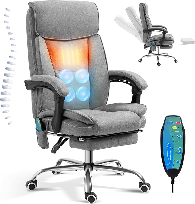 TonghuaS Massage Office Chair with Foot Rest Vibration and Heating, 90-130° Reclining Desk Chair, Ergonomic Reclining Computer Gaming Fabric Chair(Grey)