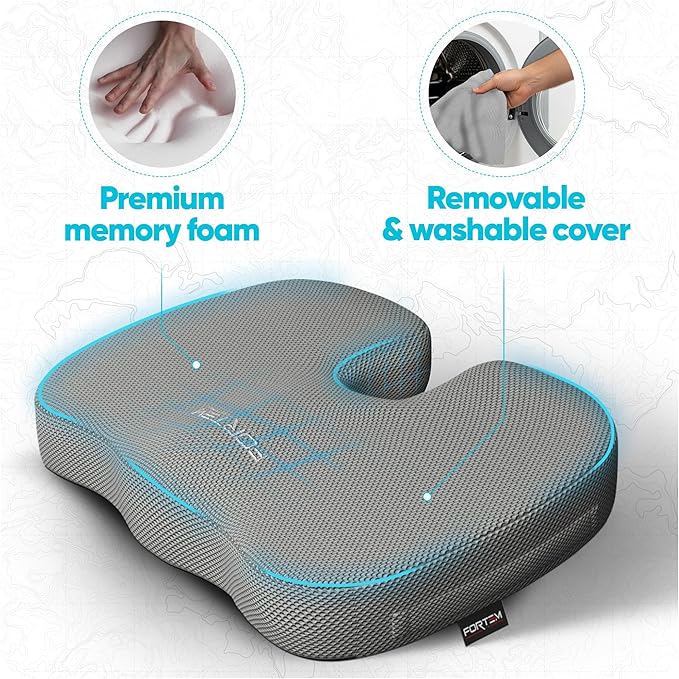 FORTEM Seat Cushion, Office Chair Cushion, Memory Foam Car Seat Cushions, Sciatica Coccyx Tailbone Pain Relief, Chair Cushions for Back Support, Sitting Pad for Gaming, Washable Cover, Non Slip