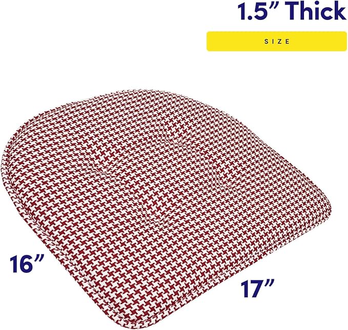 Sweet Home Collection Chair Cushion Memory Foam Pads Tufted Slip Non Skid Rubber Back U-Shaped 17" x 16" Seat Cover, 4 Count (Pack of 1), Houndsooth Red