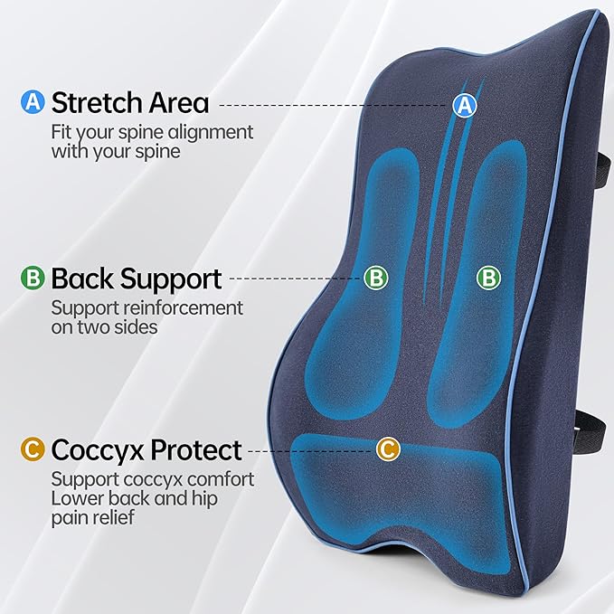 Lumbar Support Pillow for Office Chair Car Seat Gaming Chair, Memory Foam Back Support Pillow, Lumbar Cushion Back Cushion for Lower Back Pain Relief, Adjustable Strap Washable Cover-Navy Blue