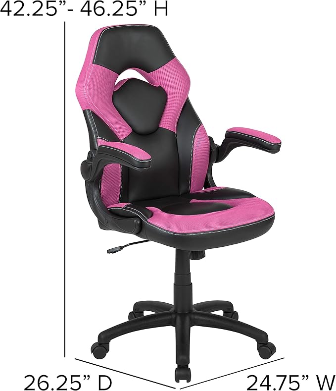 Flash Furniture X10 High-Back LeatherSoft Racing Style Gaming Chair with Flip-Up Arms, Ergonomic Padded Swivel Computer Chair, Pink/Black