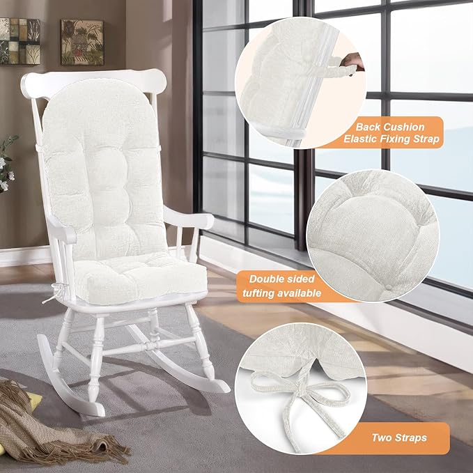 Rocking Chair Cushion - Chenille Fabric, High-Density Sponge, Durable Comfort Double-Sided Tufted Seat Pads with Ties, Chenille︱White, 44x19x4 inch