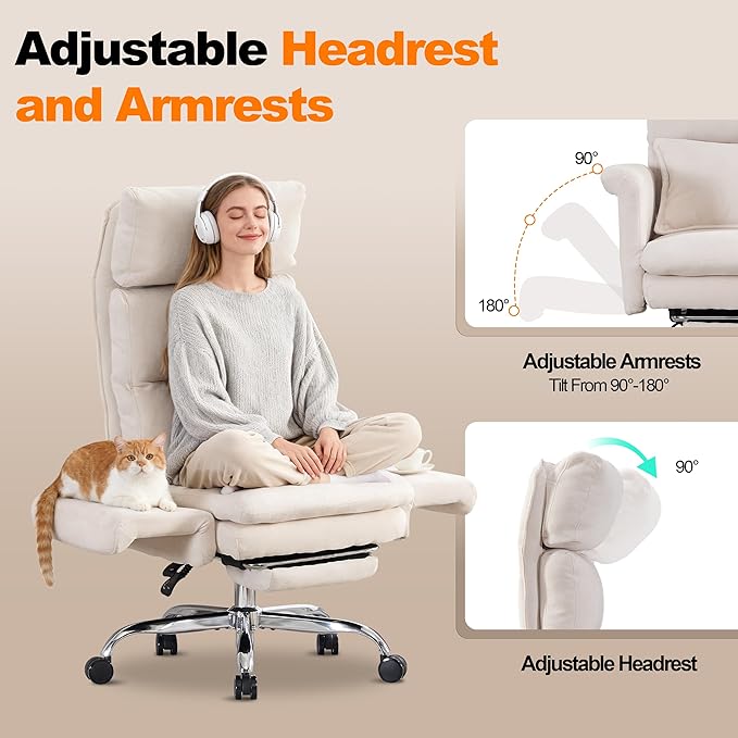 Okeysen Office Chair with Flip Armrests, Big and Tall Office Chair with Foot Rest, Wide Reclining Desk Chair for Cross Legged Sitting & Pets, Executive Ergonomic Computer Gaming Chair with Pillow