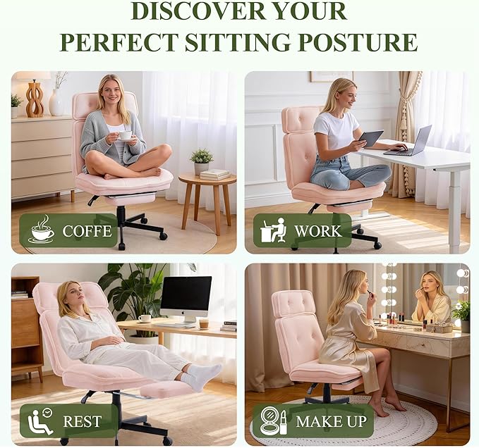 Criss Cross Chair with Wheels, Wide Seat Cross Legged Office Chair with Footrest, Adjustable Headrest & Reclining Backrest, Upholstered Ergonomic Desk Chair for Home Office, Gaming, Vanity (Pink)
