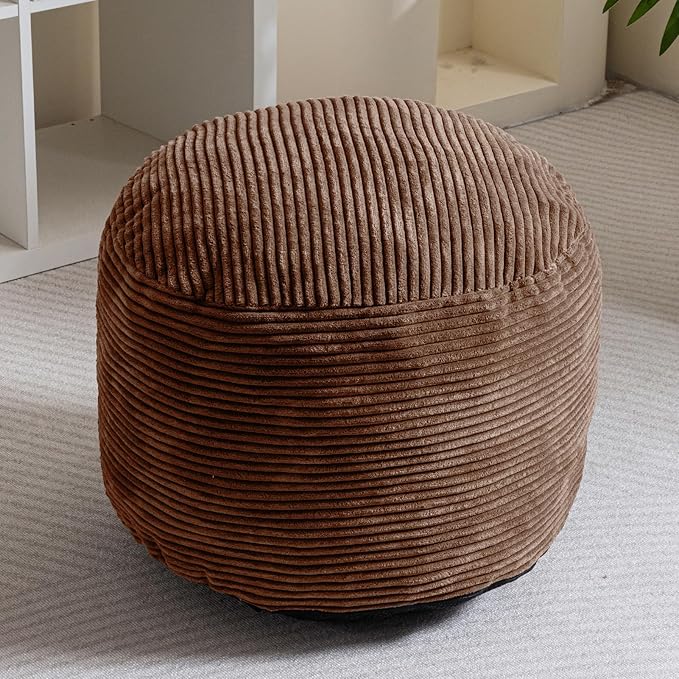 HIGOGOGO Round Stuffed Pouf Ottoman, Corduroy Poufs with Foam Chunk Filling, Furry and Fluffy Pouf Foot Stool Storage Ottoman, 26 X 18 Floor Poufs Foot Rest for Living Room, Brown