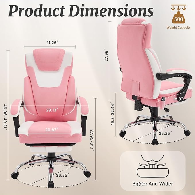 Massage Office Chair with Foot Rest,6-Point Vibration & Heat Reclining Computer Chair,Big and Tall Fabric Office Chair for Heavy People,Ergonomic Executive Desk Chair,High Back,PinkWhite
