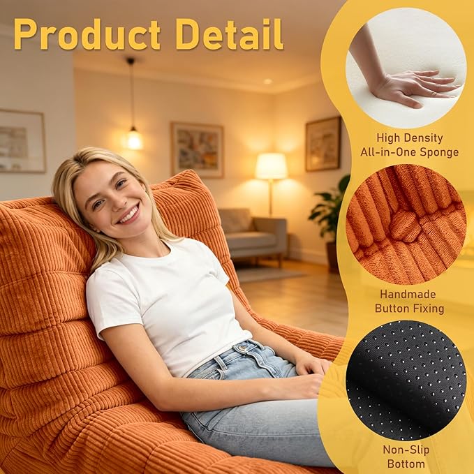 Trenda Bean Bag Chairs for Adults - Comfy High-Density Foam Fireside Chair, Adult Size, Soft Corduroy Cover Beanbag Couch, Versatile for Living Room, Bedroom, Dorm, Reading & Gaming (Orange)