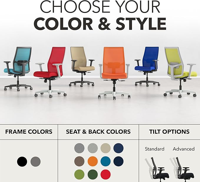 HON Ignition 2.0 Mid Back Task Chair, Standard Synchro-Tilt Control, Office Chair with Lumbar Support, Height and Width Adjustable Arms, Titanium Frame, Black