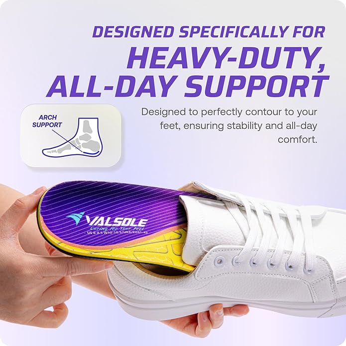 VALSOLE Heavy Duty Support Pain Relief Orthotics - 220+ lbs Plantar Fasciitis High Arch Support Insoles for Men Women, Flat Feet Orthotic Insert, Work Boot Shoe Insole, Absorb Shock with Every Step