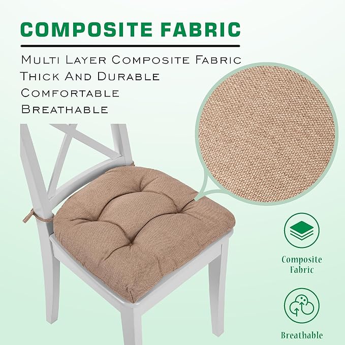 SQUARE MOON Chair Cushions for Dining Chairs, 3 Inch Thick Comfortable Kitchen Chair Pads, Dining Room Seat Cushions with Ties, Machine Washable, 17" x 16" x 3", 4/Pack, Light Coffee
