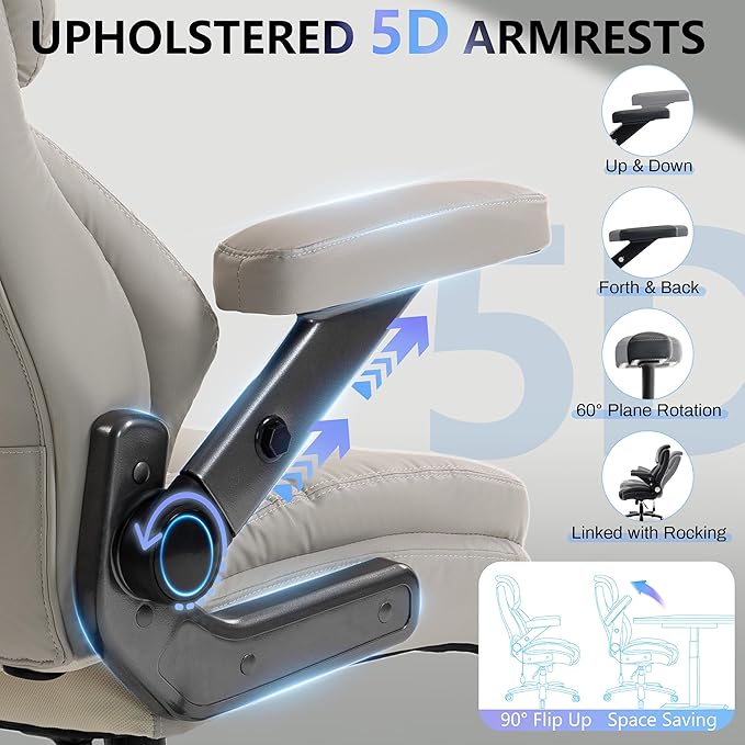 Big and Tall Office Chair 750lbs, Executive Office Chair with Adjustable Headrest&Lumbar Airbag Support, PU Leather High Back Heavy Duty Desk Chair 5D Flip Arms, Ergonomic Thick Spring Cushion, Beige
