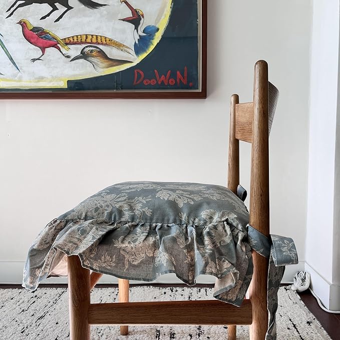 Korean Made Chair Pad Slipcover 17.5'x17.5' Chair Cushion Cover Ties with Ruffle Farmhouse Decor Covers Only, Gift for Mom(Mint Floral) Stocking Stuffer