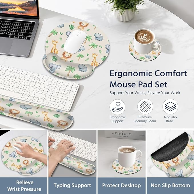 Cute Animals Ergonomic Keyboard and Mouse Wrist Rest Set, Lions Giraffes Elephants Mouse Pad with Non Slip Base, Soft Cloth Surface for Office and Home Typing Support