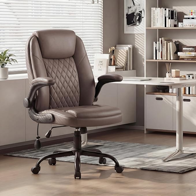 MALOL Leather Office Chair, Computer Desk Chair with Adjustable Lumbar Support, Thick Cushion, Flip-Up Arms and Ergonomic Back, Comfy Executive Office Chair for Home Office Gaming,Brown