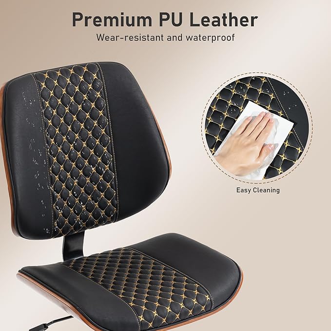 Modern Walnut Home Office Chair with Wheels, Executive Office Desk Chair No Arms, Adjustable Height Small Desk Chair, Comfy PU, Deeper Cushion, Mid Back 360 Swivel Computer Chair, Black-Embroidery