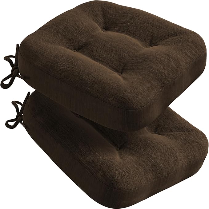 Codi Dining Chair Cushions 2 Pack, Thick Chairs Pads for Indoor Kitchen Room - Washable, Non-Slip Memory Foam Seat Cushion with Ties, 16.5"x16.5"x 3.5", Set of 2, Brown New