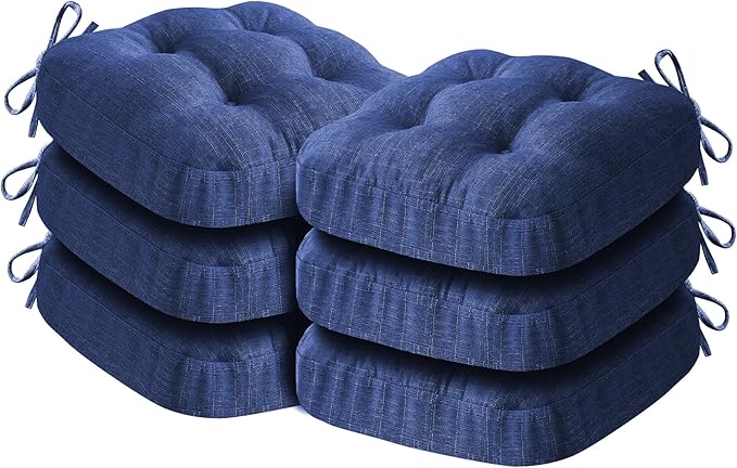 IASEAHK Chair Cushions for Dining Chairs, Dining Chair Cushions, Tufted Indoor Chair Pads with Ties & Non Slip Backing, Seat Cushions for Kitchen Chairs 16.5” x 16.5” x 3.5”, Set of 6, Navy Blue