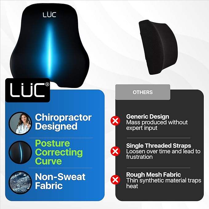 LÜC Lumbar Support Pillow for Office Chair & Car – Ergonomic Memory Foam Back Cushion for Lower Back Pain Relief – Adjustable Strap, Breathable Cover – Improves Posture & All-Day Comfort