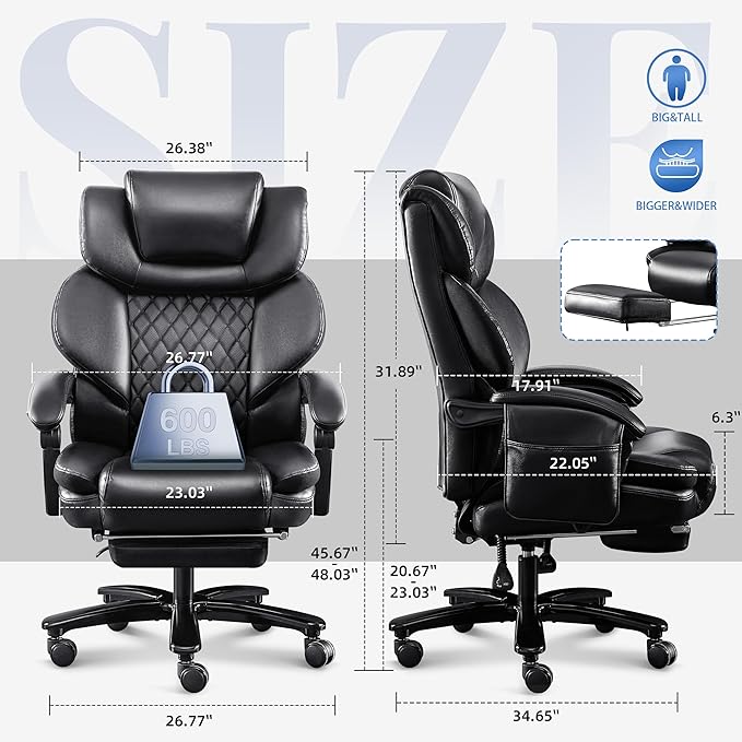 3D Kneading Massage Office Chair, Oversized 600LBS Big and Tall Executive Office Chair with Footrest, Reclining Computer Chairs, Wider Upholstered Seat Ergonomic Desk Chair for Home Office,Black