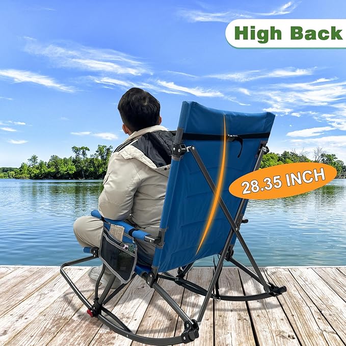 13.8" High Seat Rocking Camping Chair Outdoor with Foot Rest & Headrest, Oversized Folding Rocker Chair with Carry Bag for Lawn Patio Supports 300 lbs