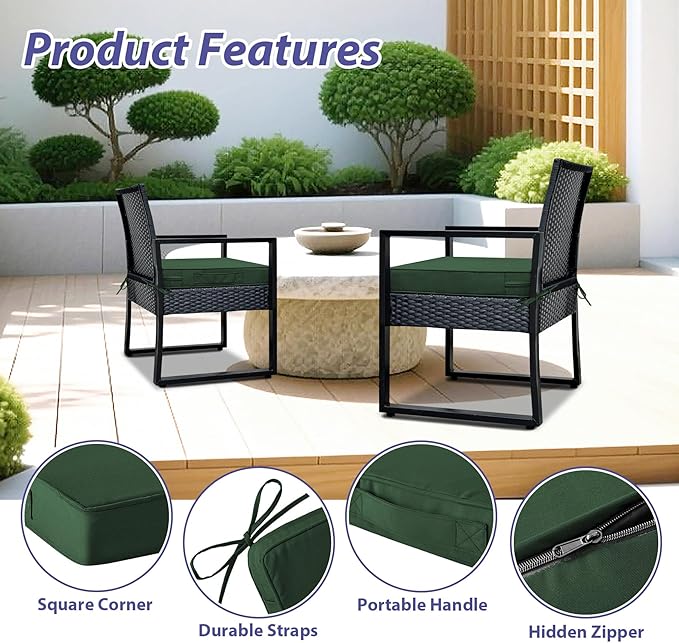 IPYNBAP Outdoor Chair Cushions Set of 4 -Waterproof Outdoor Seat Cushions for Patio Furniture, Patio Chair Cushion with Handle and Ties, Out Door Chair Pads,18.5x16x3-Square, Forest Green