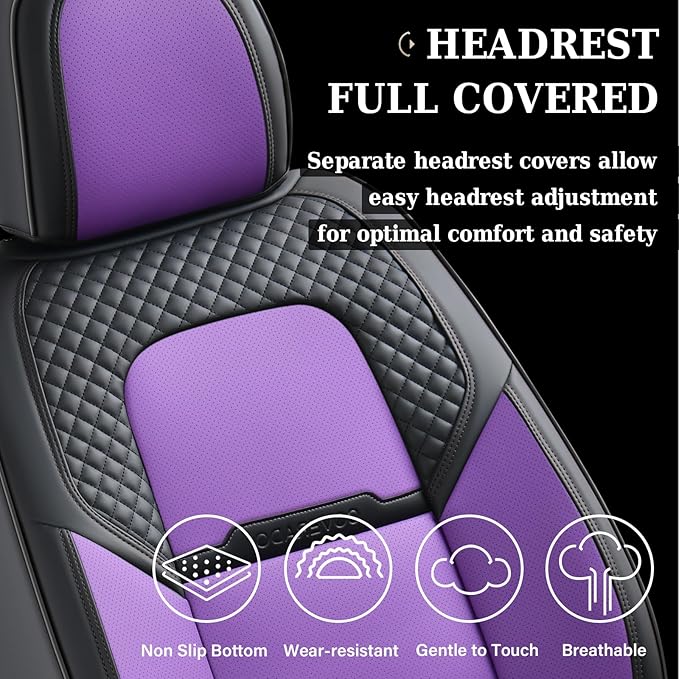 Coverado Car Seat Covers Front Seats, 2 Piece Car Seat Protector with Removable Headrest, Nappa Leather Breathable Front Side All Wrapped Universal Fit Truck Automotive Most Cars Purple