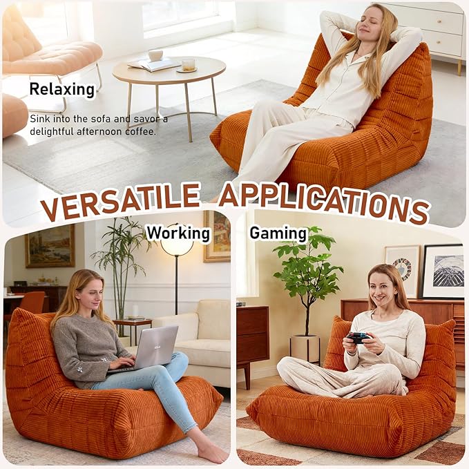 Trenda Bean Bag Chairs for Adults - Comfy High-Density Foam Fireside Chair, Adult Size, Soft Corduroy Cover Beanbag Couch, Versatile for Living Room, Bedroom, Dorm, Reading & Gaming (Orange)