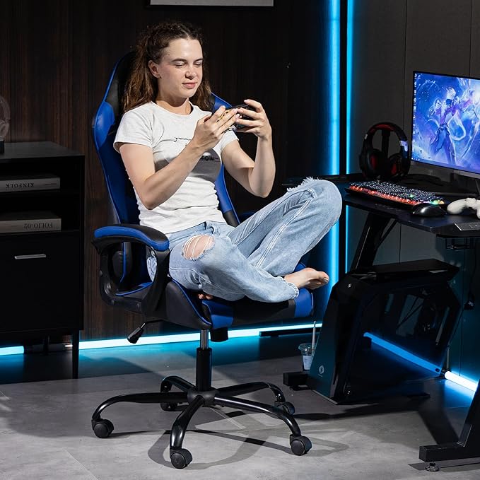 Gaming Chair PU Leather Massage PC Video Game Chair with Lumbar Support for Men Women, Home Office, Height Adjustable, Ergonomic, High Back, Blue