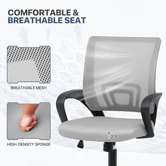 MoNiBloom Mesh Office Chair, Ergonomic Computer Chair for Adults, Rolling Swivel Mid-Back Desk Chair with Lumbar Support, Comfy Armrest for Home Office, Gaming, Light Gray 10 Pack