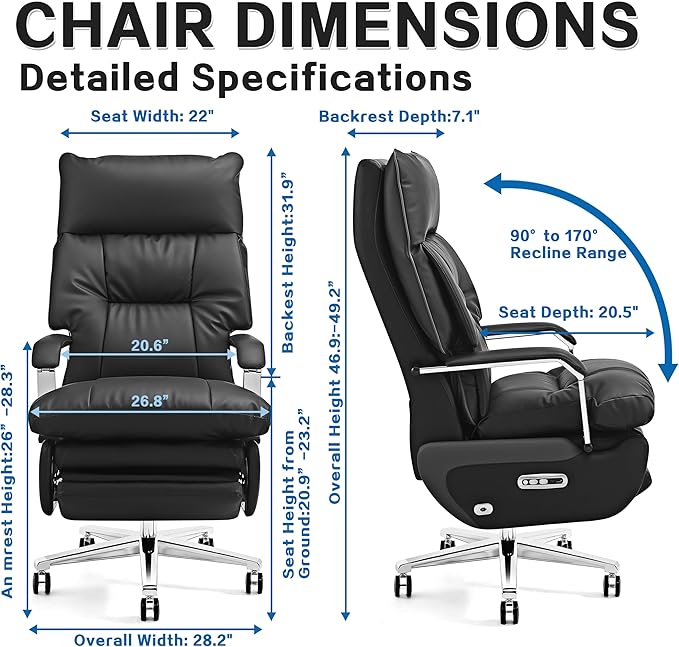Dual Motor Executive Office Chair with Footrest, 170° Reclining Wide Seat Ergonomic Leather Desk Chair, One-Touch Reset, 450LBS Big and Tall for Home&Office (Black)