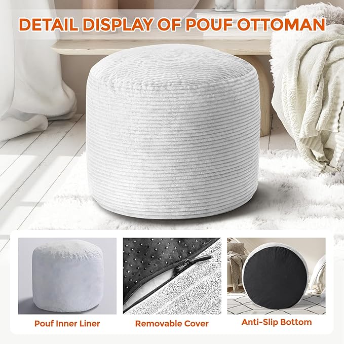 26" x 26" x 18" Pouf Ottoman Foot Rest, Pre-Stuffed Round Foot Stool with Odorless Shredded Memory Foam, Furry & Fluffy Corduroy Footrest for Living Room, Grey